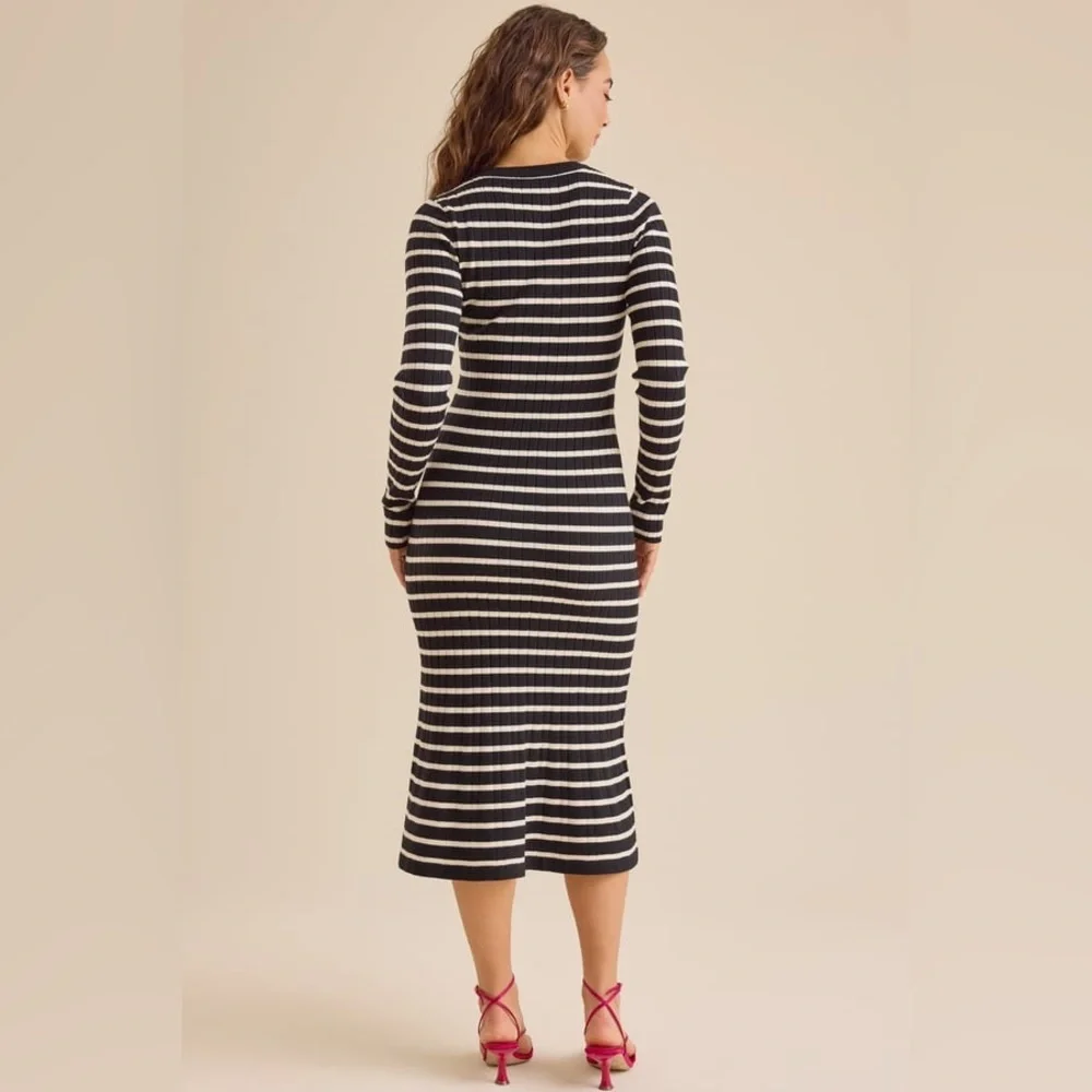 NEW HYFVE Black Striped Ribbed Midi Sweater Dress Flared Hem Size Medium